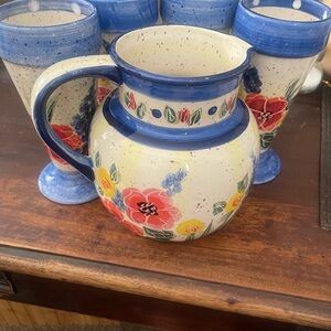 Floral Ceramic Pitcher and Glass Set